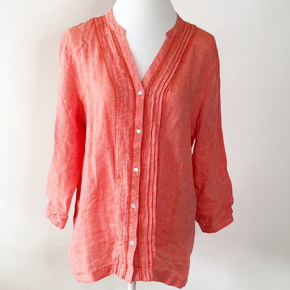 Lands End Linen Top Large Button Front Long Sleeve 14 16 Orange V Neck